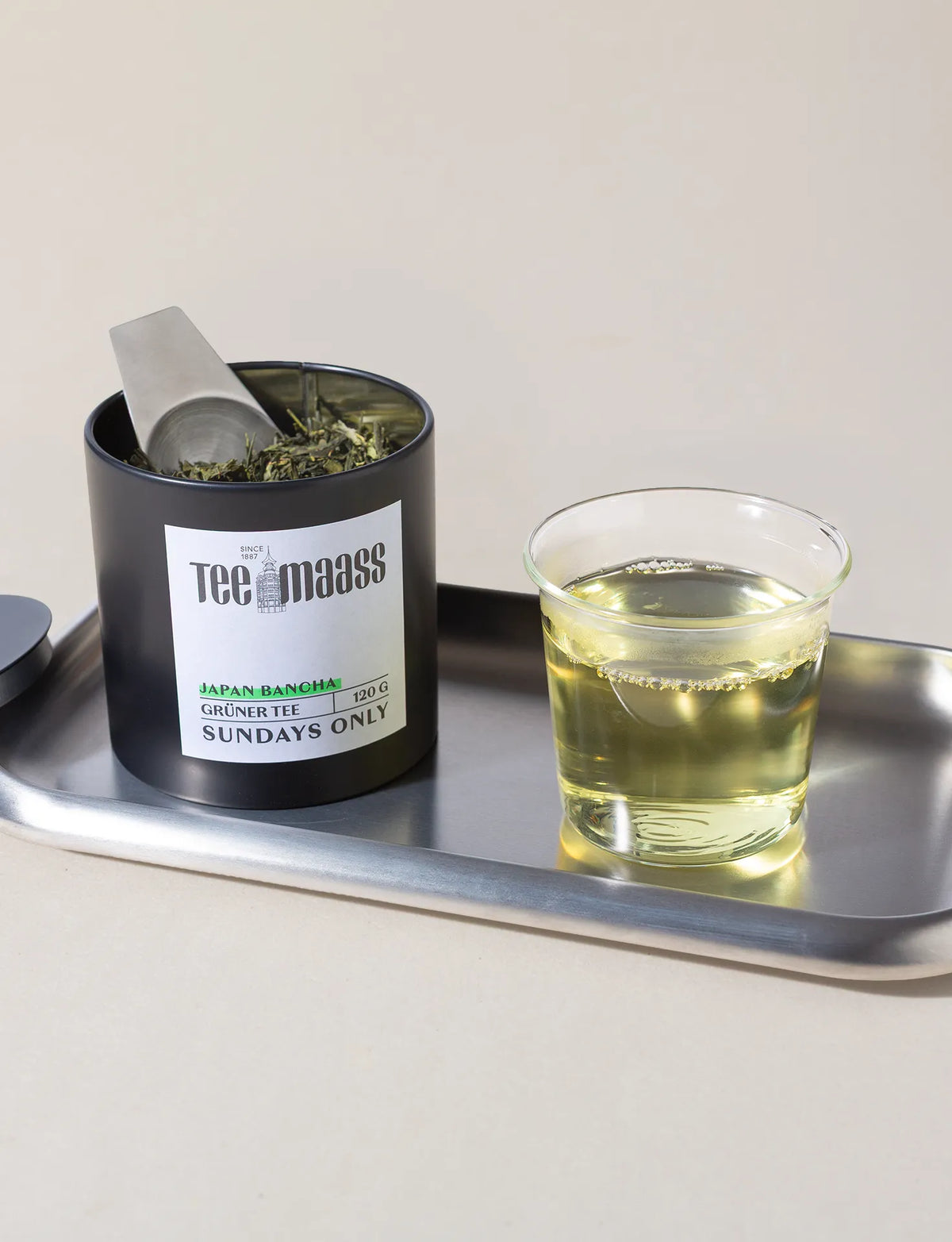 Tee Maass Japan Bancha loser Grüntee in Dose mit frisch aufgebrühtem Tee auf Tablett